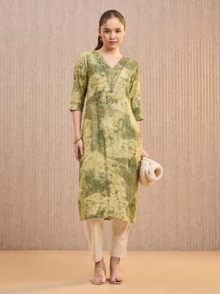 Green Modal Chanderi Foil Printed Kurti With Sequins Work