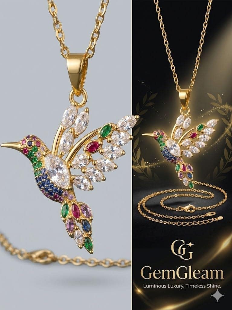 GemGleam - Crystal Pendant Chain Necklace, Hypoallergenic, Anti-Tarnish, Gift Gold Plated Chain with Locket for Women, Waterproof - Anti-Tarnish, Skin Friendly, Lightweight - Gift for Wife, Girlfriend, Friend (Humming bird Crystal) view 3