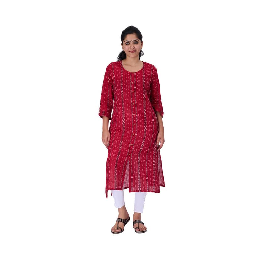 GHL GUENDICHA HAAT Sambalpuri Certified Handloom Women's Pure Cotton Round Neck Front Slit Kurta