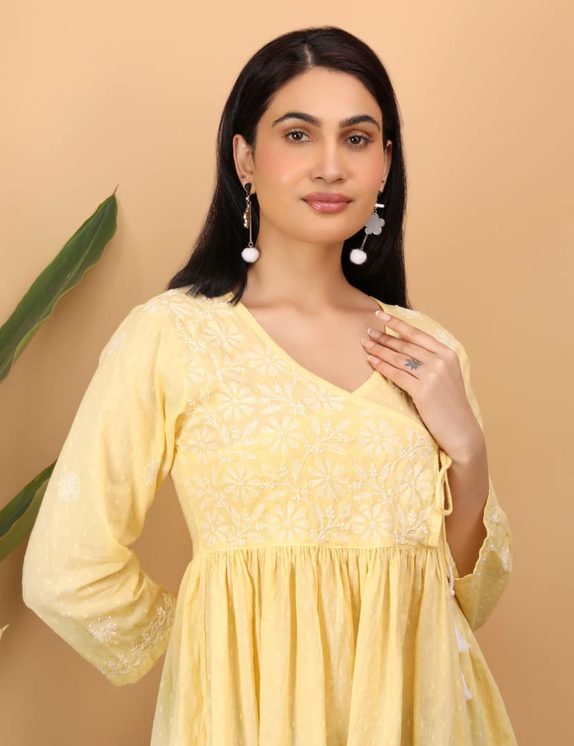 shwet yellow white women chikankari angarkha top view 4