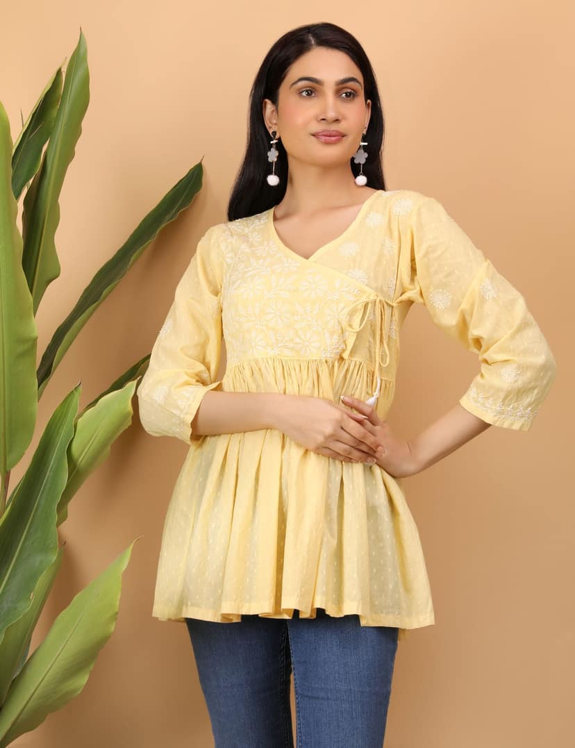 shwet yellow white women chikankari angarkha top view 5