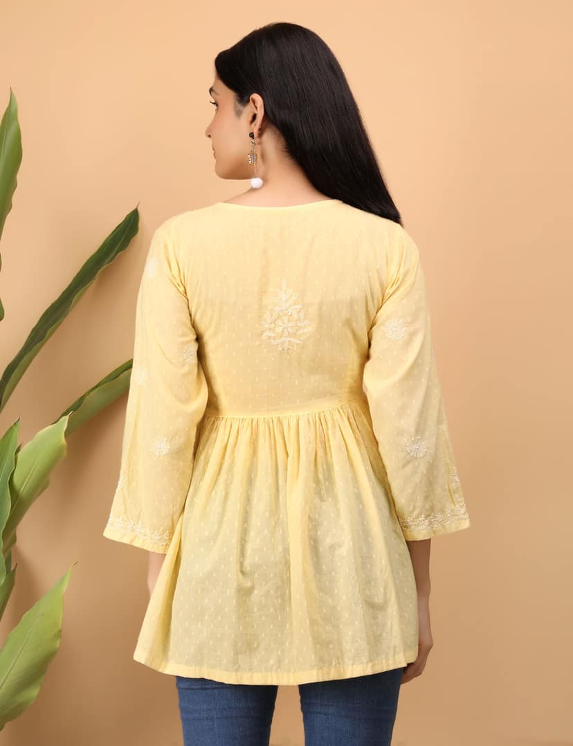 shwet yellow white women chikankari angarkha top view 6