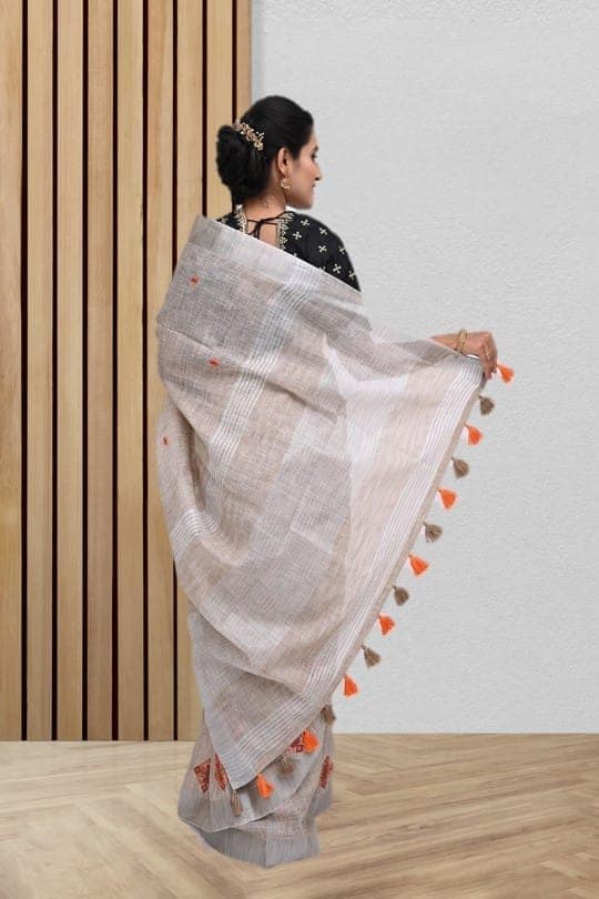 Beige Linen Saree With Modish Work and Resham Border view 2