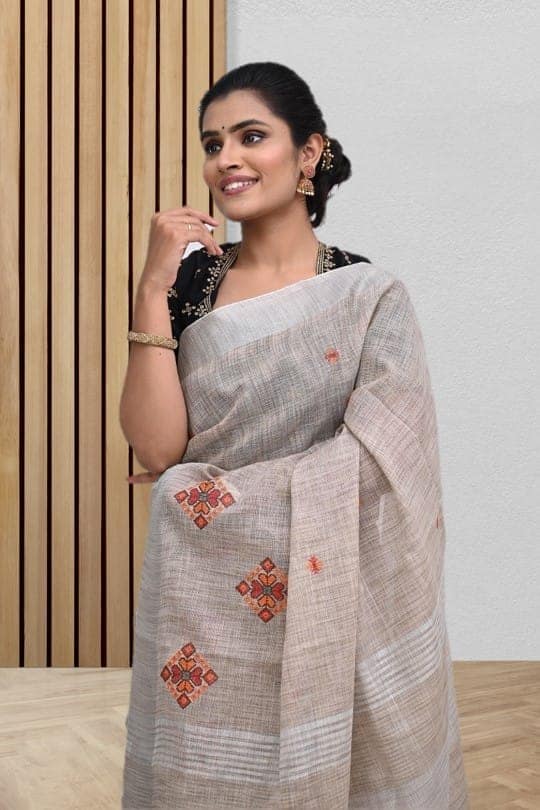 Beige Linen Saree With Modish Work and Resham Border view 3