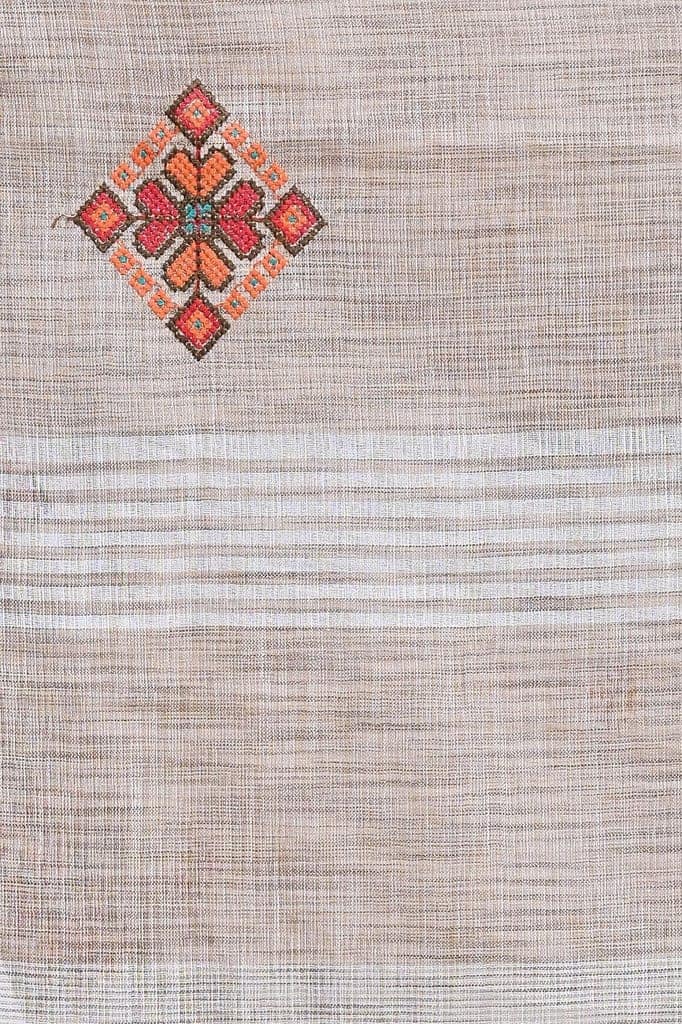 Beige Linen Saree With Modish Work and Resham Border view 4