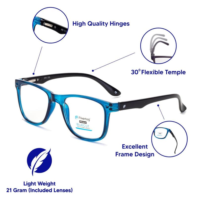 Flikertag Blue Cut Computer Glasses for Eye Protection | Zero Power Blue Light Filter Glasses With UV Protection | Anti Glare Specs for Men & Women [FTF115 F2 Wayfarer Glossy Blue Frame, 50mm] view 2