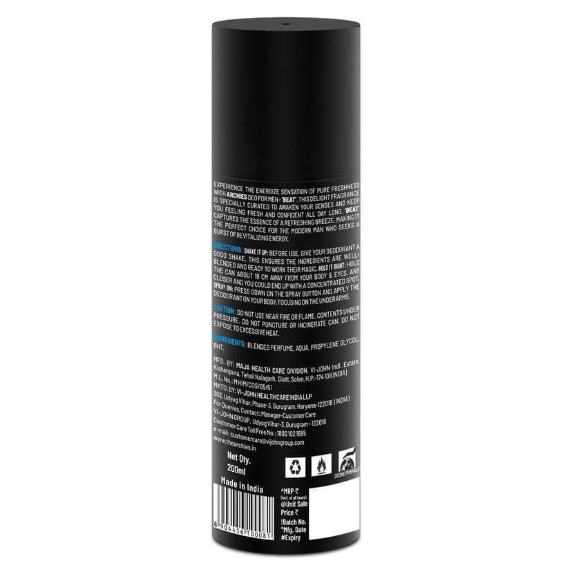 Archies BEAT Deodorant For Men 200 ML | Day & Office Wear 24Hrs. Long Lasting Deo with Notes of Cashmere Wood & Amber | Luxury Fragrance with 10% Perfume Oil Concentrates | French Aroma | 24 Hours Freshness view 2