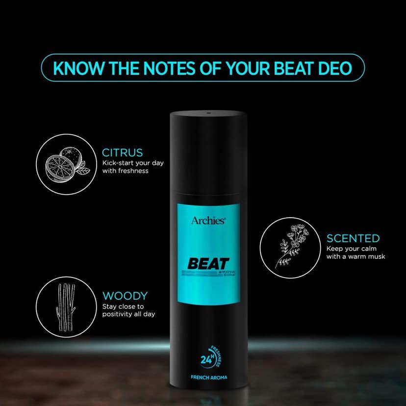 Archies BEAT Deodorant For Men 200 ML | Day & Office Wear 24Hrs. Long Lasting Deo with Notes of Cashmere Wood & Amber | Luxury Fragrance with 10% Perfume Oil Concentrates | French Aroma | 24 Hours Freshness view 4