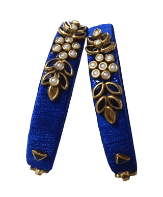 Elegant Royal Blue Silk Thread Bangles with Gold & Pearl Embellishments (Pair)