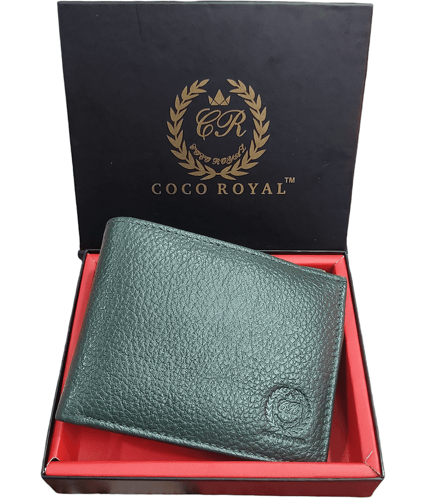 COCO ROYAL 100% Leather Self Design Men's Two Fold Wallet With 9 Slots For Card ( Green , Pack of 1 )