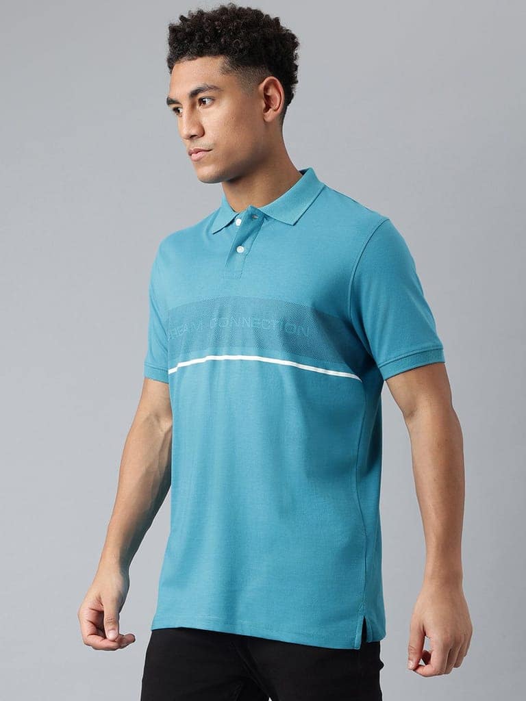 Men Teal Regular Fit Polo Neck T-Shirt view 3