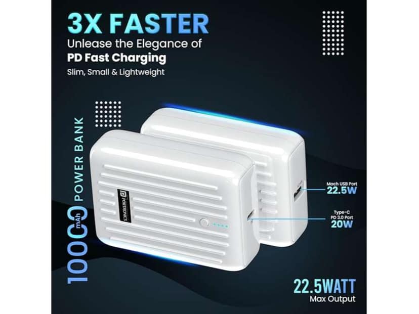 Portronics Zapcell 10K 10K Power Bank, 22.5W High-Speed Charging, Dual Output Ports, LED Battery Indicator - White view 2