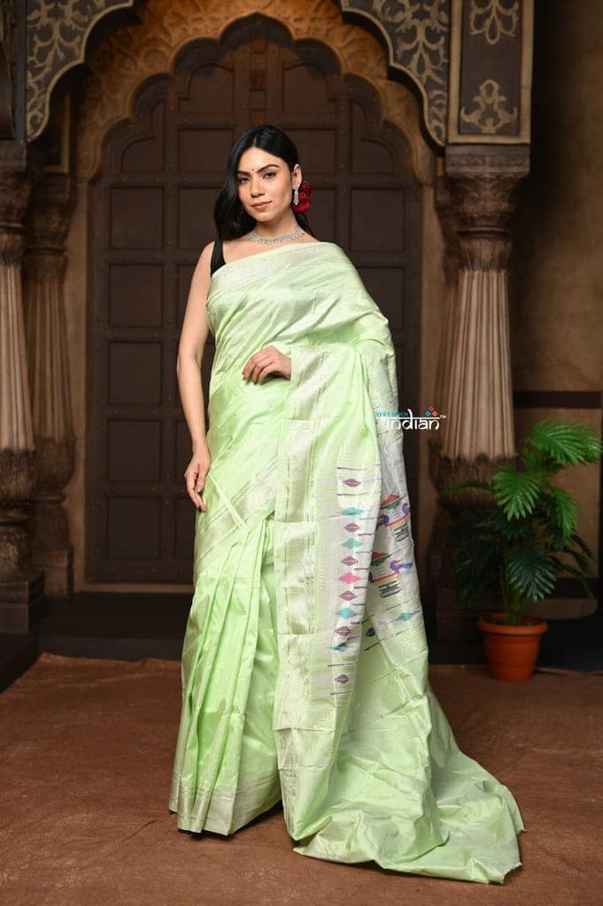 Parampara Limited Edition ~ Pastel Green Pure Silk Paithani with Most Traditional Double Pallu & Silver Zari view 2