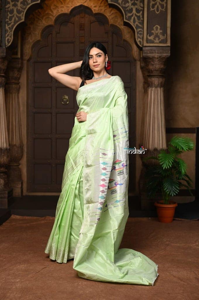 Parampara Limited Edition ~ Pastel Green Pure Silk Paithani with Most Traditional Double Pallu & Silver Zari view 3