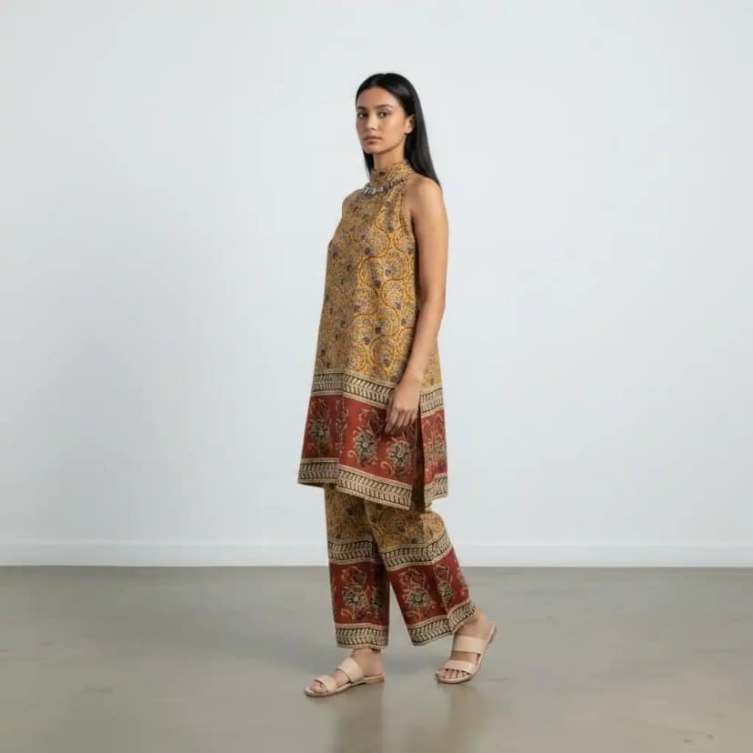 Handloom Cotton Co-Ord Set in Mustard with Paisley Print and Pockets view 2