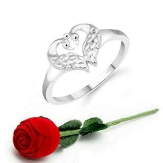 VFJ Cute Mayur Heart CZ Rhodium Plated Ring with Scented Velvet Rose Ring Box for women and girls and your Valentine.