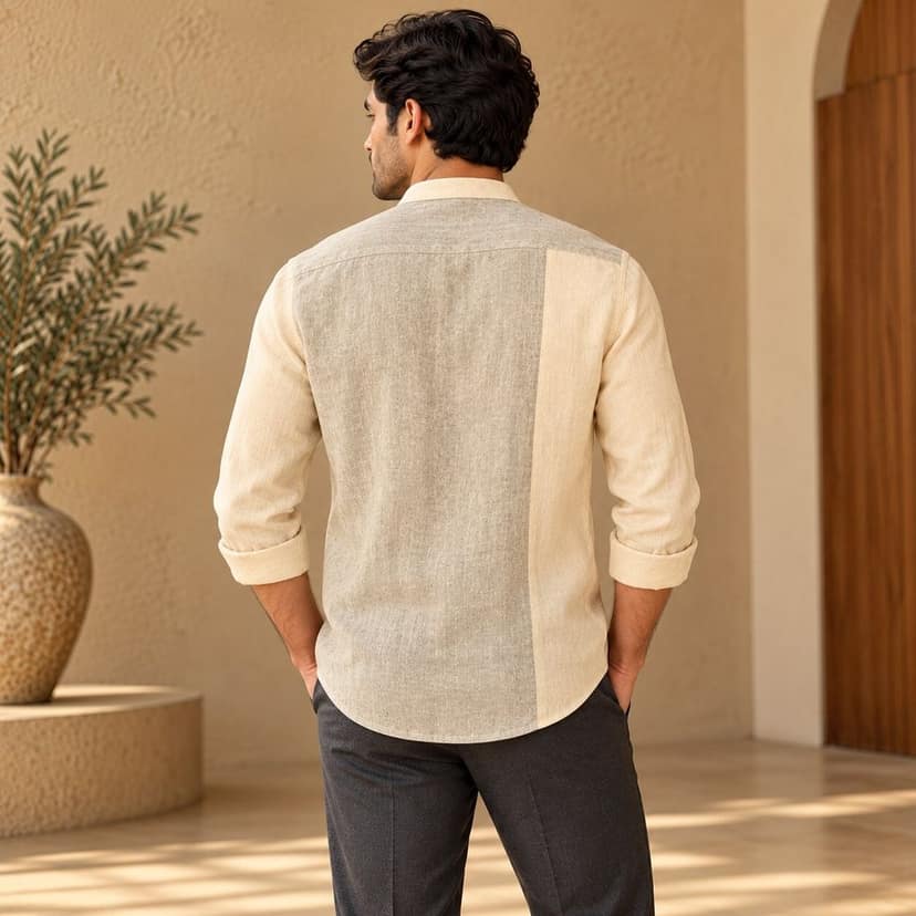Men's Beige & Grey Colour Block Mandarin Collar Casual Shirt view 5