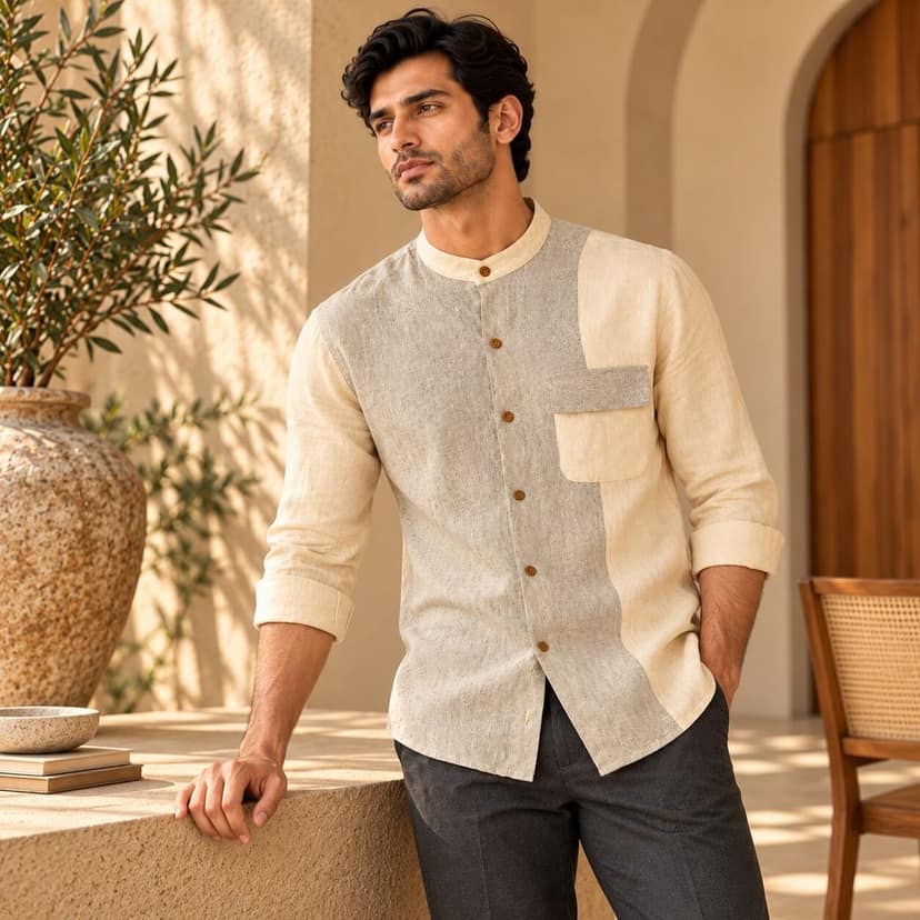 Men's Beige & Grey Colour Block Mandarin Collar Casual Shirt view 6