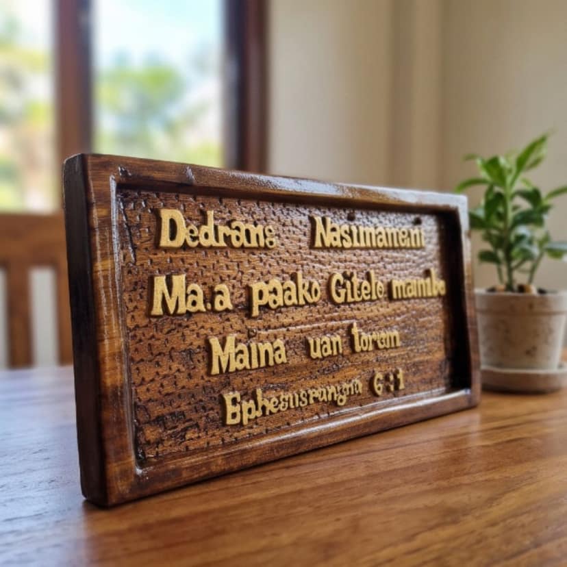 Handcrafted Artisanal Wooden Wall Plaque with Carved Script view 3