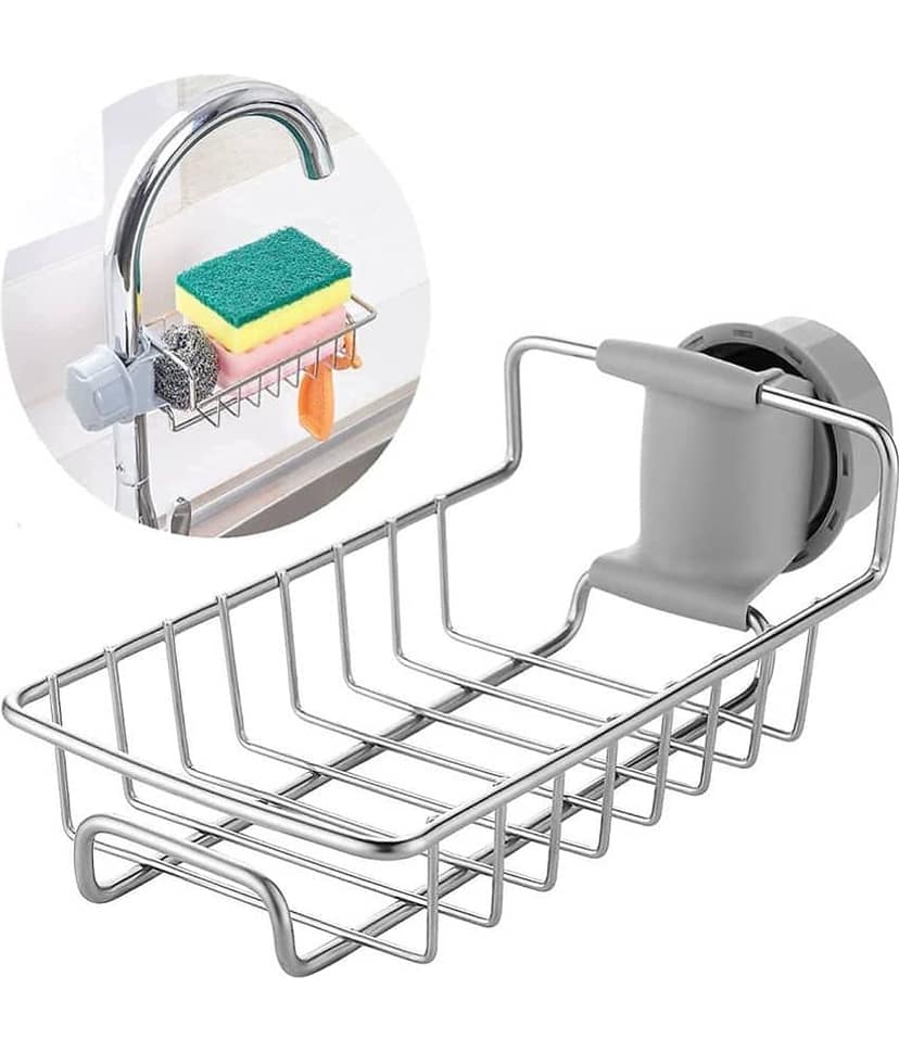 GEEO Kitchen Sink Faucet Sponge Holder Caddy organizer over, stainless steel heavy duty thickening hanging drain rack for scrubbers, sop, bathroom, detachable no suction cup bathroom sop holder view 2