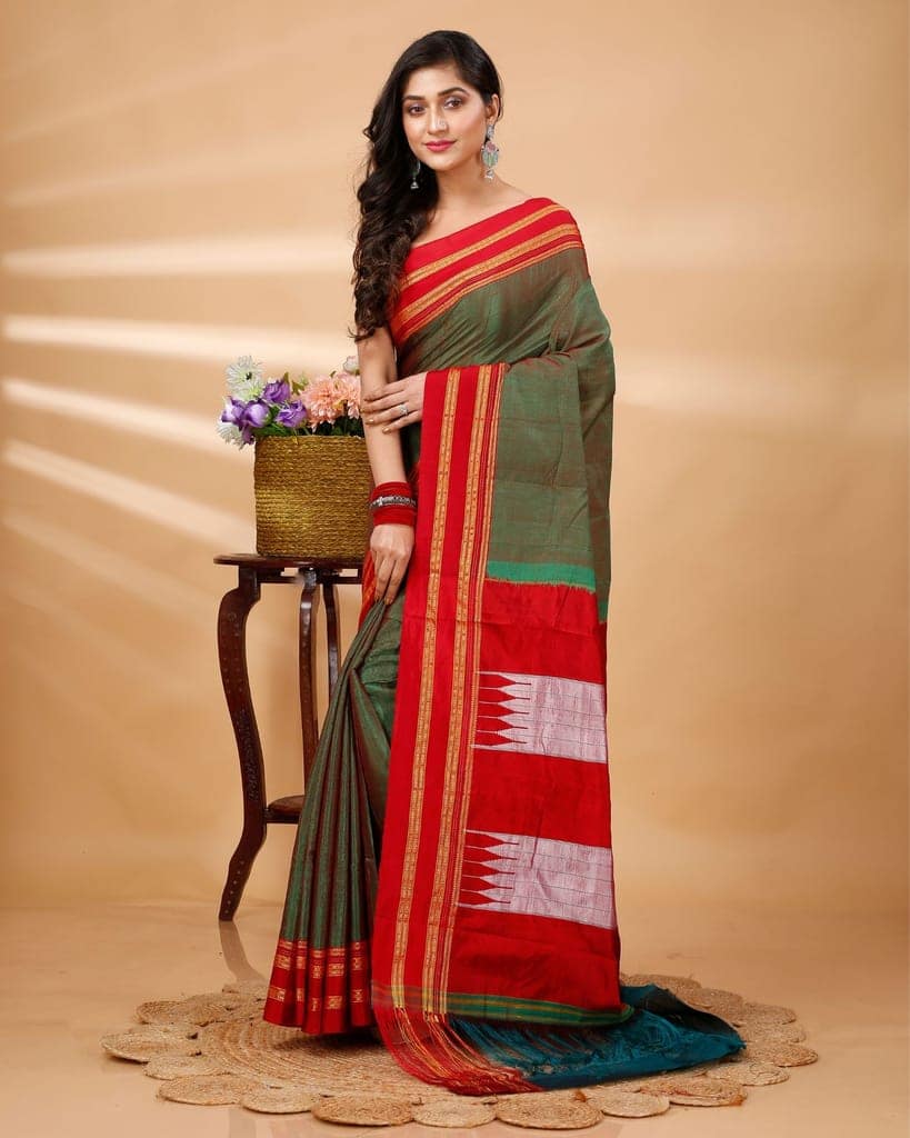 ILKAL Handloom Cotton Silk Saree Fern Green Color with running blouse-3245 view 2