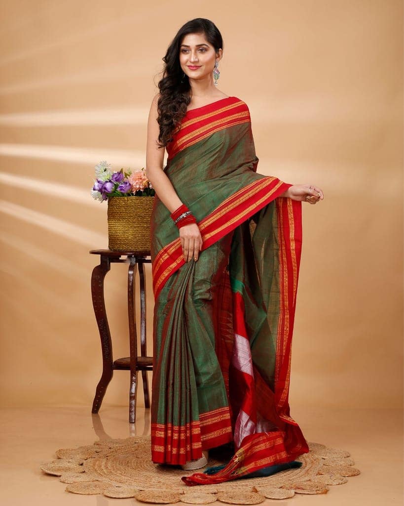 ILKAL Handloom Cotton Silk Saree Fern Green Color with running blouse-3245 view 3