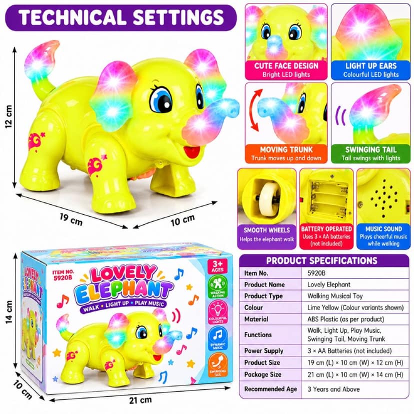 KTRS Enterprise Lovely Elephant Walking Toy for Kids, Purple Musical Elephant with Colourful Lights, Moving Trunk, Swinging Tail and Music, Battery Operated Toy, Ages 3+ view 3