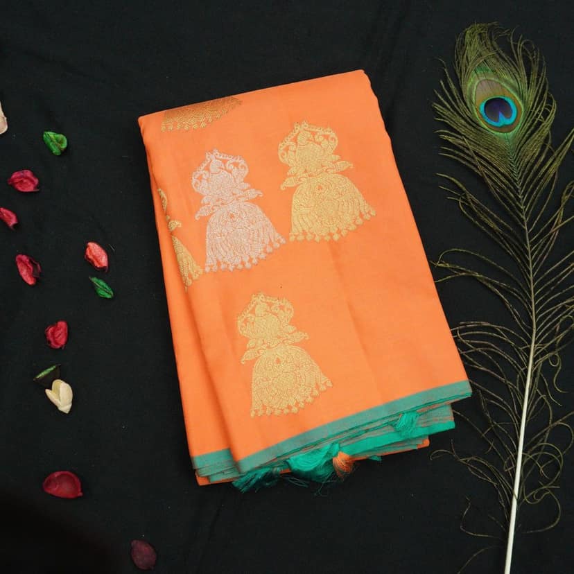 Borderless Kanchipuram Silk Saree in Orange with Gold & Silver Zari Butta view 2