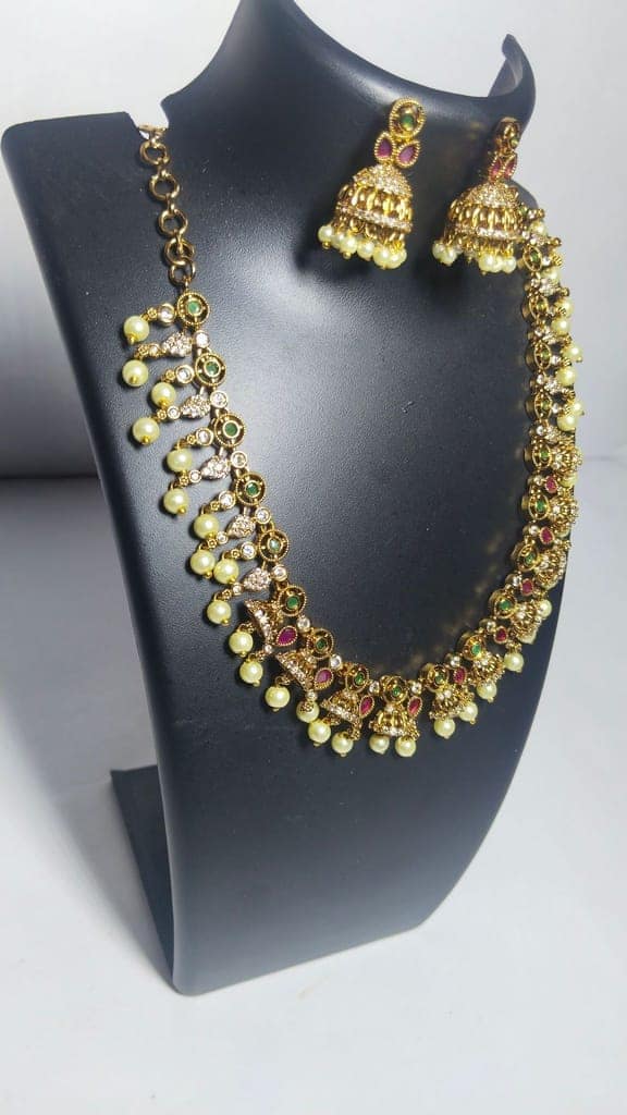 Traditional Indian Gold Plated Kempu Stone Necklace Set With Pearls view 2