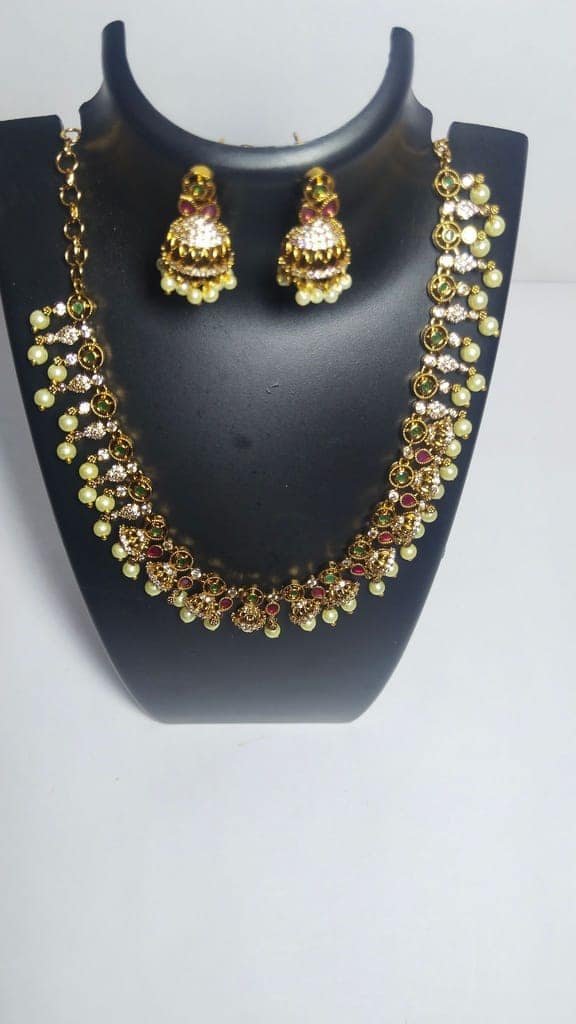 Traditional Indian Gold Plated Kempu Stone Necklace Set With Pearls view 4