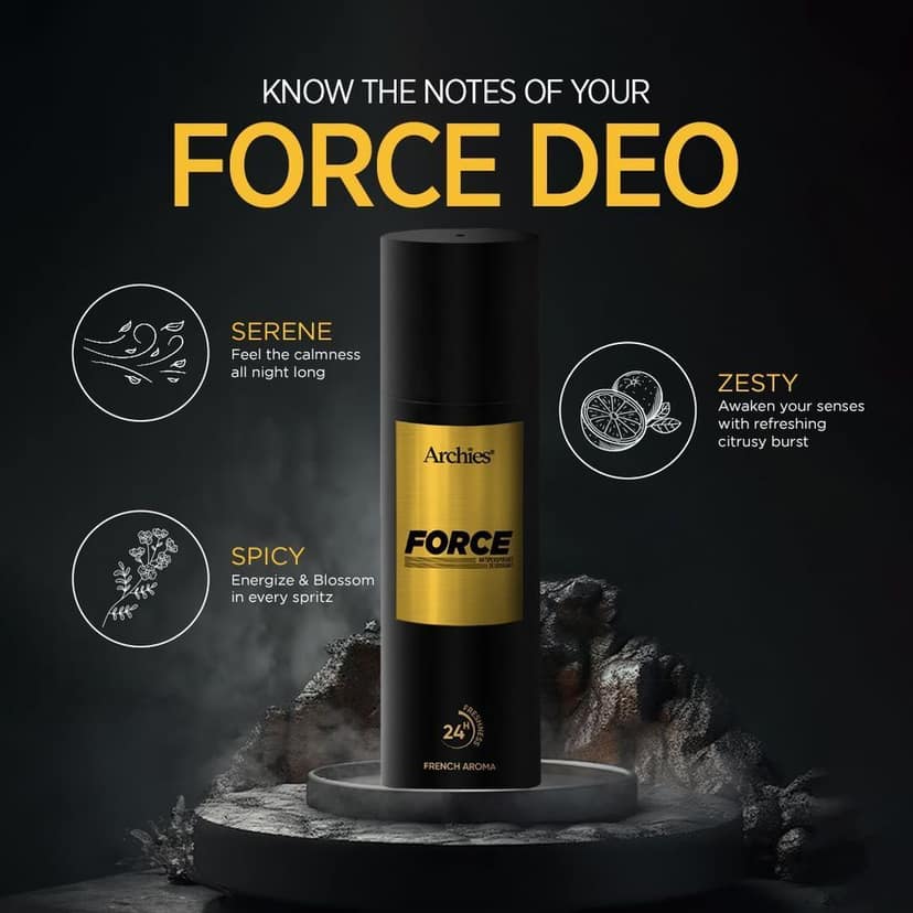 Archies FORCE Premium Spray Deodorant | Long-Lasting Fresh & Sporty Aroma with High Perfume Concentration Deo | Perfect for Gym & Sports Wear | 200 ML | French Aroma | 24 Hours Freshness view 4