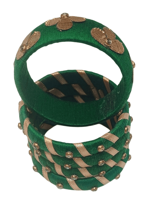 Green Silk Thread Bangles with Golden Zari and Stone Work - Set of 5 view 3
