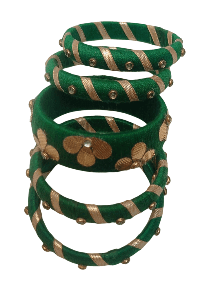 Green Silk Thread Bangles with Golden Zari and Stone Work - Set of 5 view 4