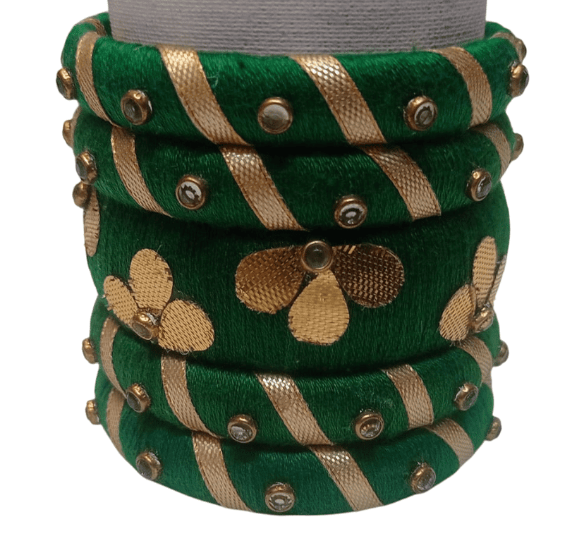 Green Silk Thread Bangles with Golden Zari and Stone Work - Set of 5 view 5