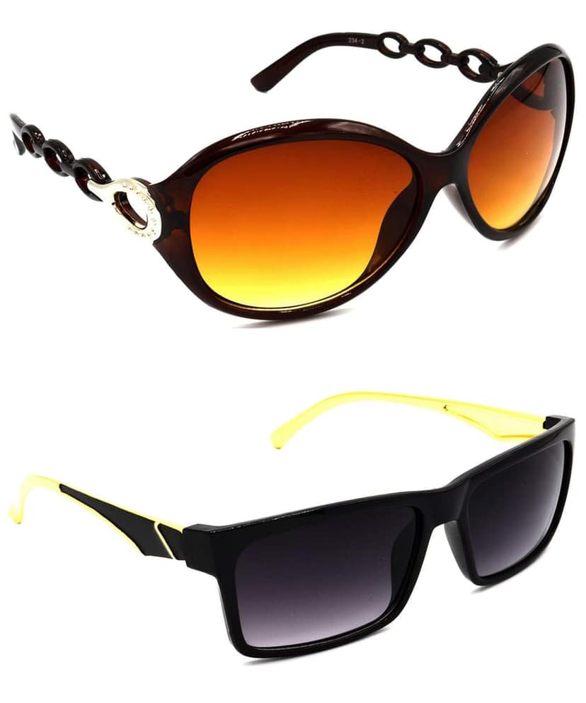 HRINKAR Unisex Round Sunglasses Brown & Golden Frame, Brown & Grey Lens (Medium) - Pack of 2