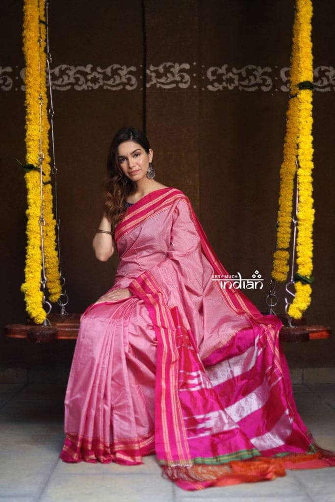 Handloom Cotton Viscose Ilkal Saree with Pure Resham Pallu - Baby Pink with Rose Pink Border view 2