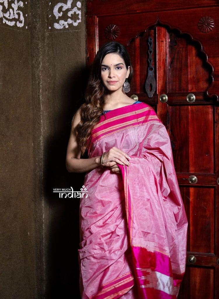 Handloom Cotton Viscose Ilkal Saree with Pure Resham Pallu - Baby Pink with Rose Pink Border view 5