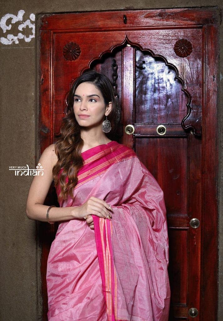 Handloom Cotton Viscose Ilkal Saree with Pure Resham Pallu - Baby Pink with Rose Pink Border view 6