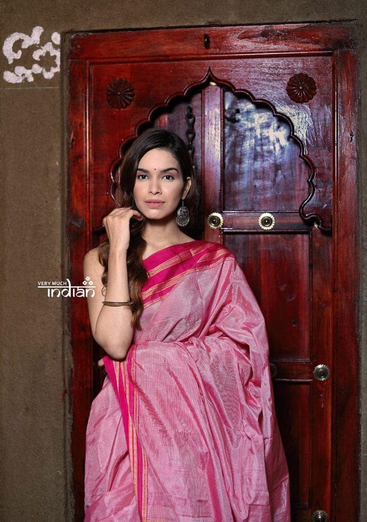 Handloom Cotton Viscose Ilkal Saree with Pure Resham Pallu - Baby Pink with Rose Pink Border view 7
