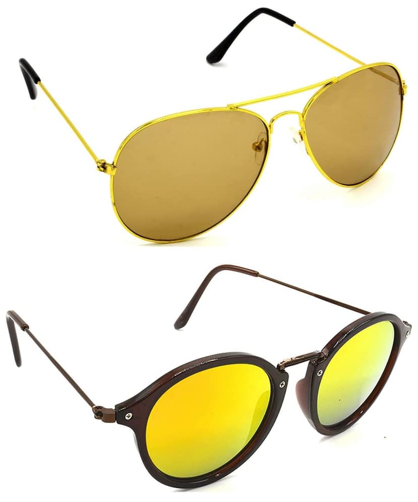 HRINKAR Unisex Pilot Sunglasses Golden & Brown Frame, Brown & Golden Lens (Medium) - Pack of 2