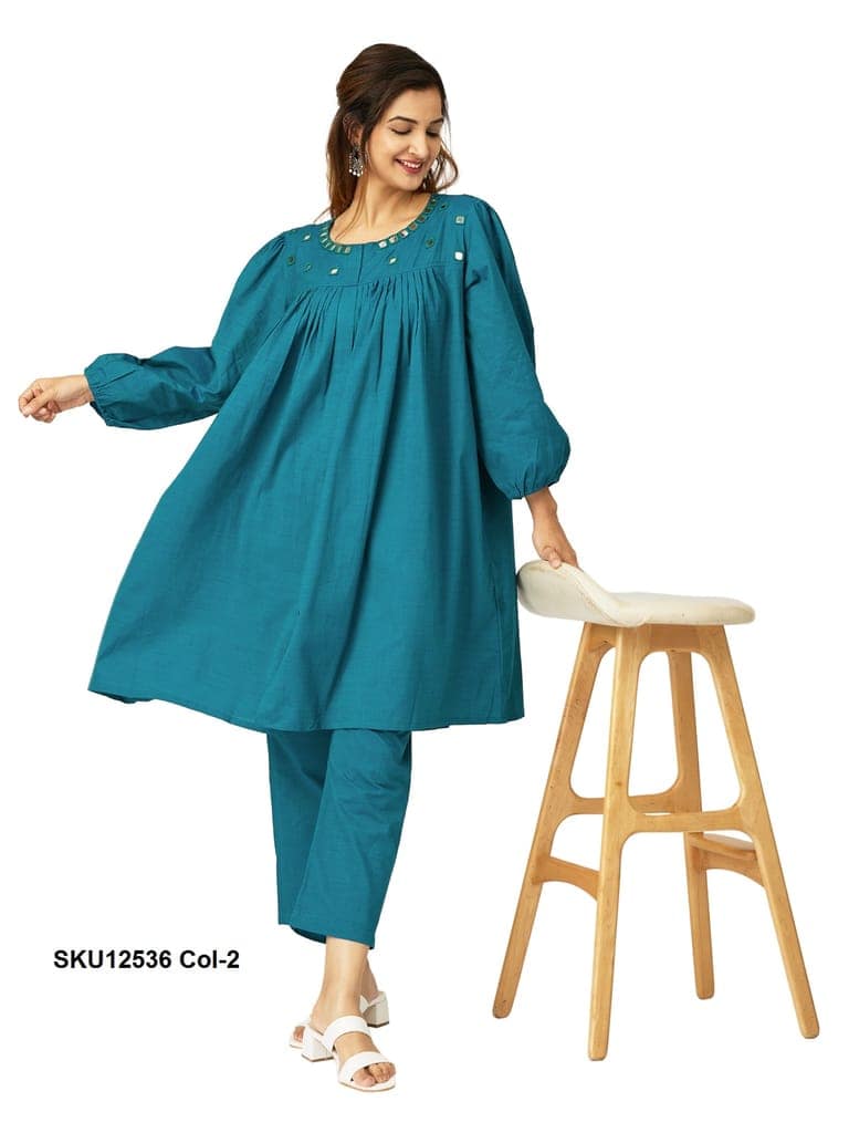 Lime Green Cotton Co-ord Set for Women with Mirror Work & Balloon Sleeves view 10