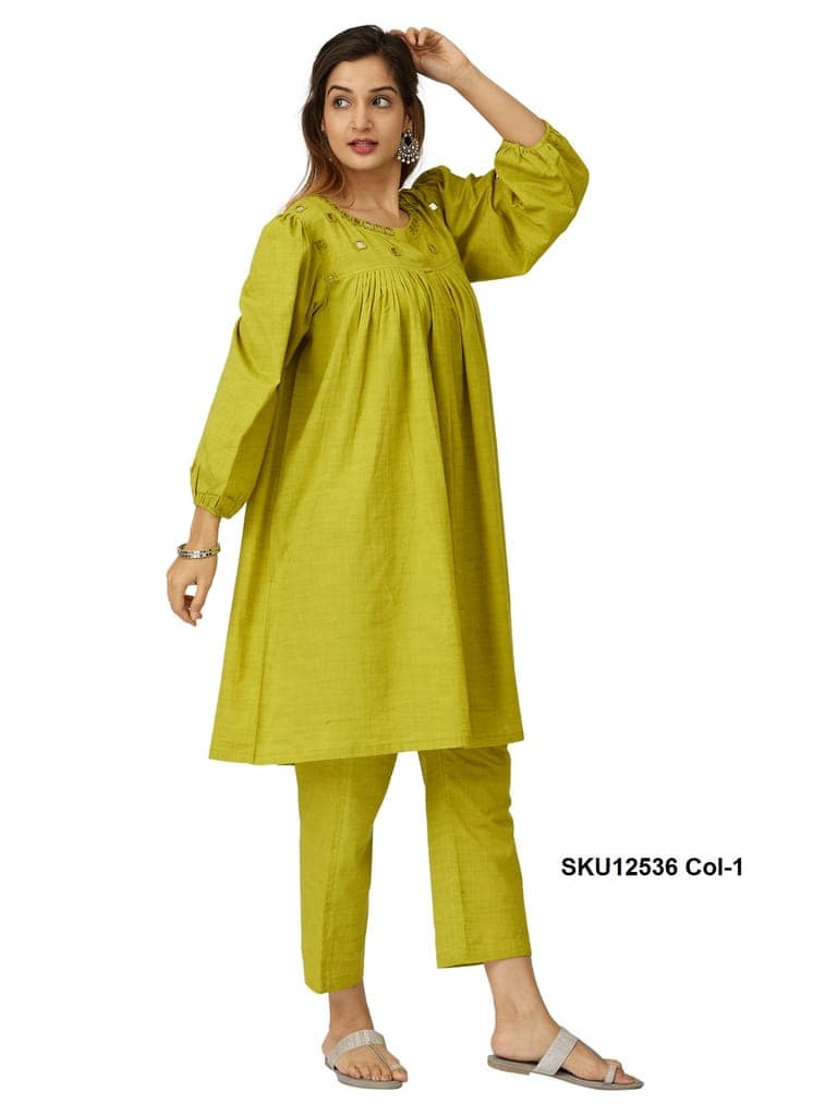 Lime Green Cotton Co-ord Set for Women with Mirror Work & Balloon Sleeves view 3