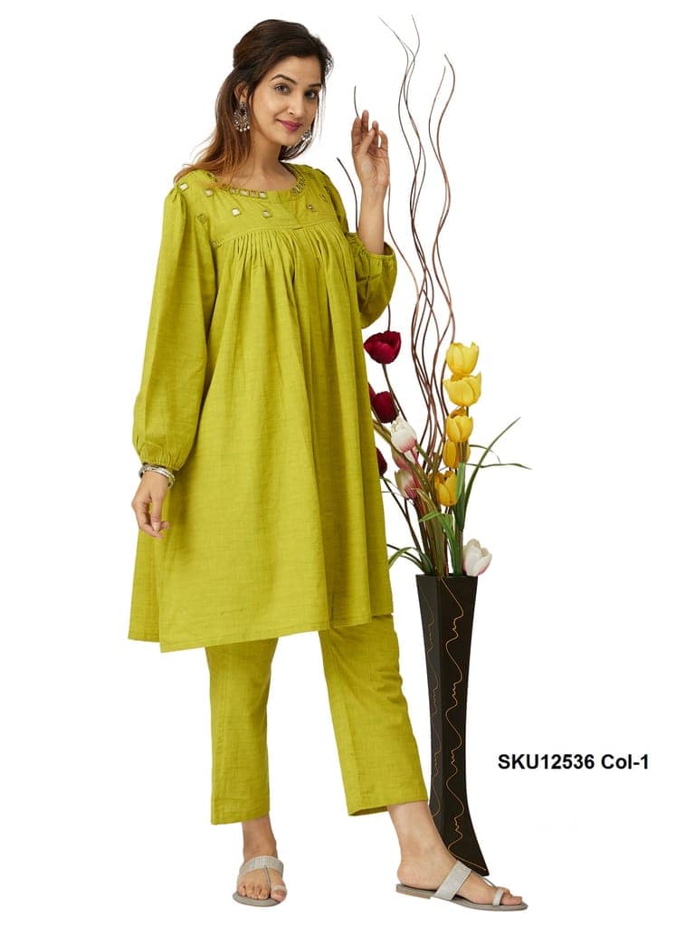 Lime Green Cotton Co-ord Set for Women with Mirror Work & Balloon Sleeves view 4