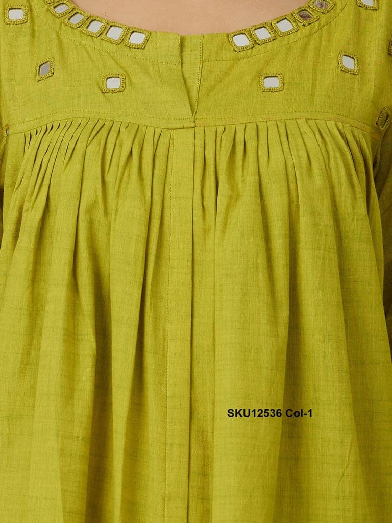 Lime Green Cotton Co-ord Set for Women with Mirror Work & Balloon Sleeves view 7
