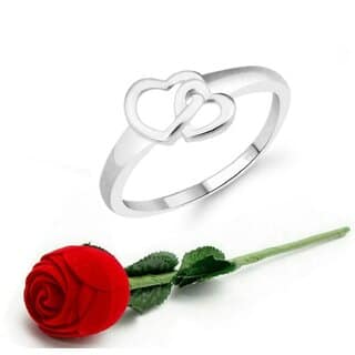VFJ Cute Double Heart CZ Rhodium Plated Ring with Scented Velvet Rose Ring Box for women and girls and your Valentine.