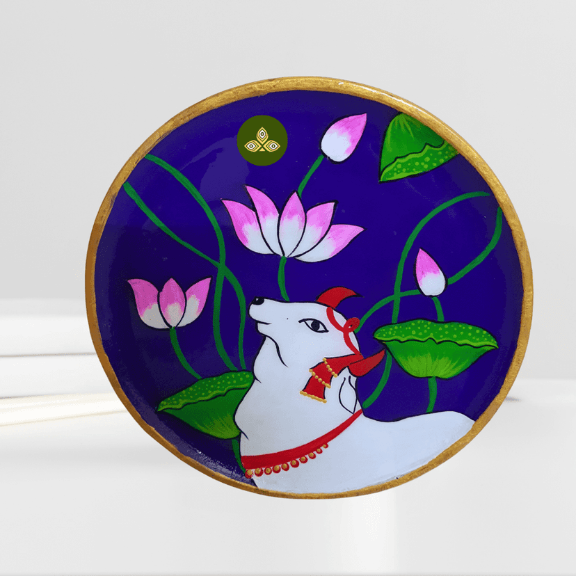Hand Painted Wooden Kamdhenu Cow Pichwai Art Blue Color Wall Plate With Resin Layer