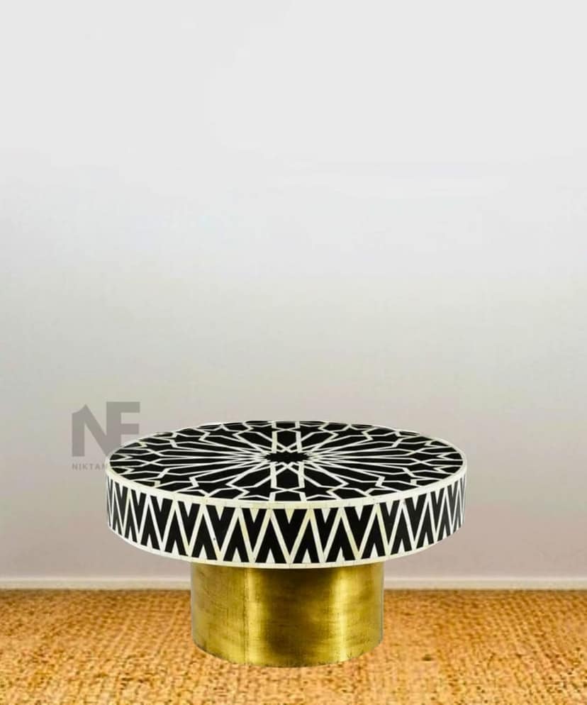 Round Black Bone Inlay Coffee Table | Handmade Center Table with Foldable Brass Legs view 2