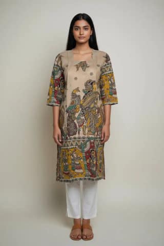 Pedana Kalamkari Screen-Print Cotton Kurti with Temple Border