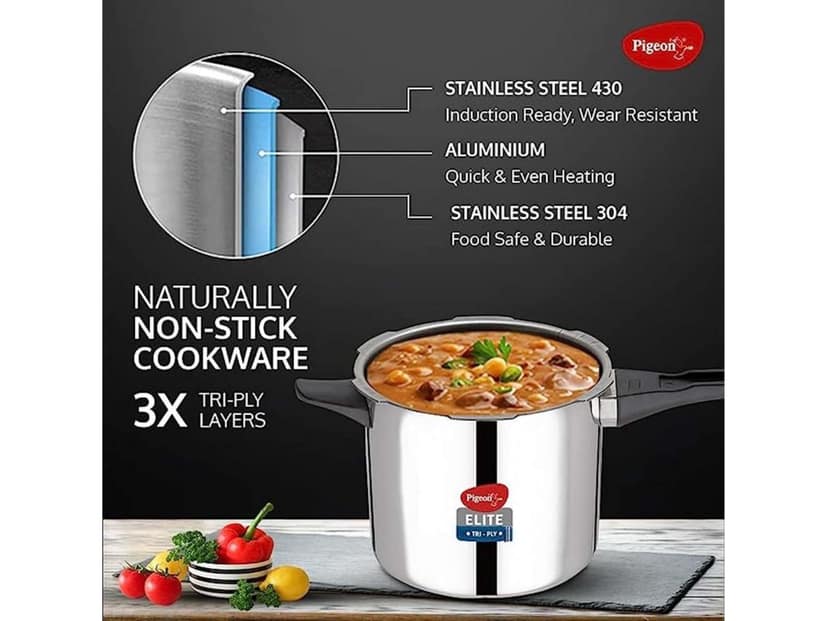 Pigeon Elite Shine Triply Stainless Steel Pressure Cooker - Outer Lid, 2 L + 3 L view 2