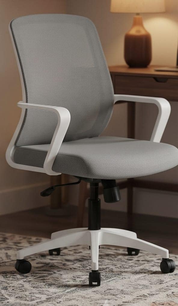 Grey Mesh and Fabric Ergonomic Office Chair with White Frame view 3